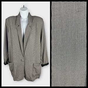 Vintage 80s Collared Single Button Oversized Plaid Black White Blazer Jacket XL